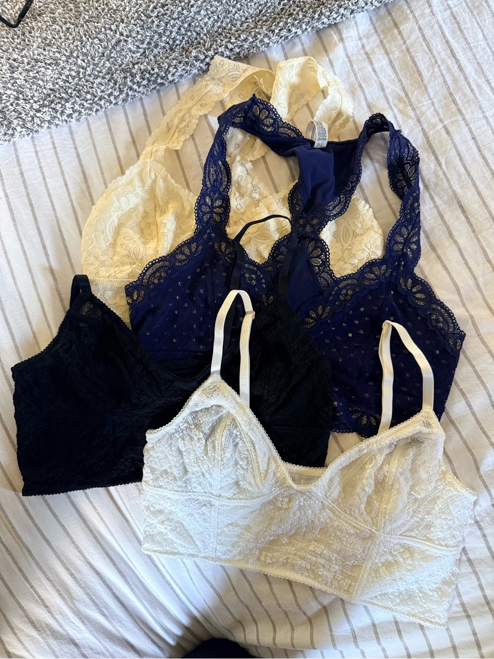 Free People Lace Bralette Pack in Navy, Black & Cream and Blue M